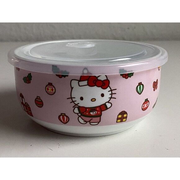 Hello Kitty Christmas Pressure Lid Ceramic Food Storage Bowl Pink MEDIUM NEW - Picture 1 of 7